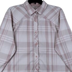 Under Armour Plaid Button Down Shirt Womens L Pink Tan HeatGear Hiking Outdoor